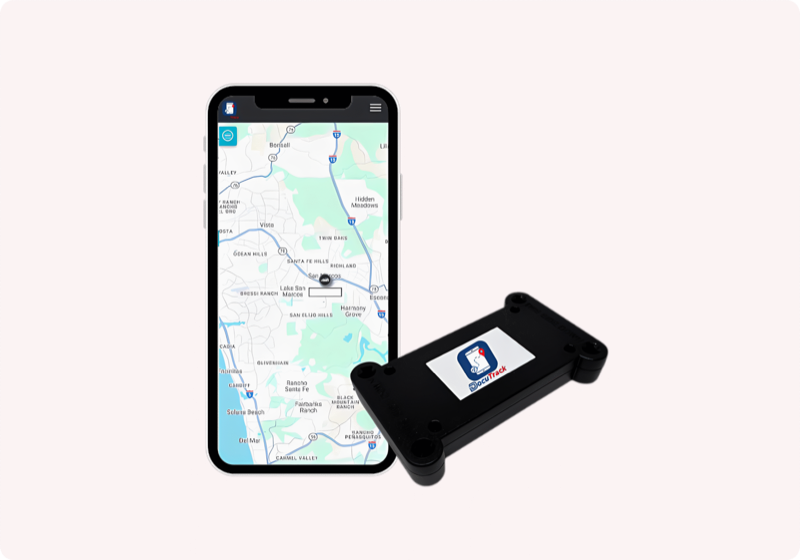 DocuDrive PT-10 GPS tracking device beside the DocuTrack app showing a live vehicle map
