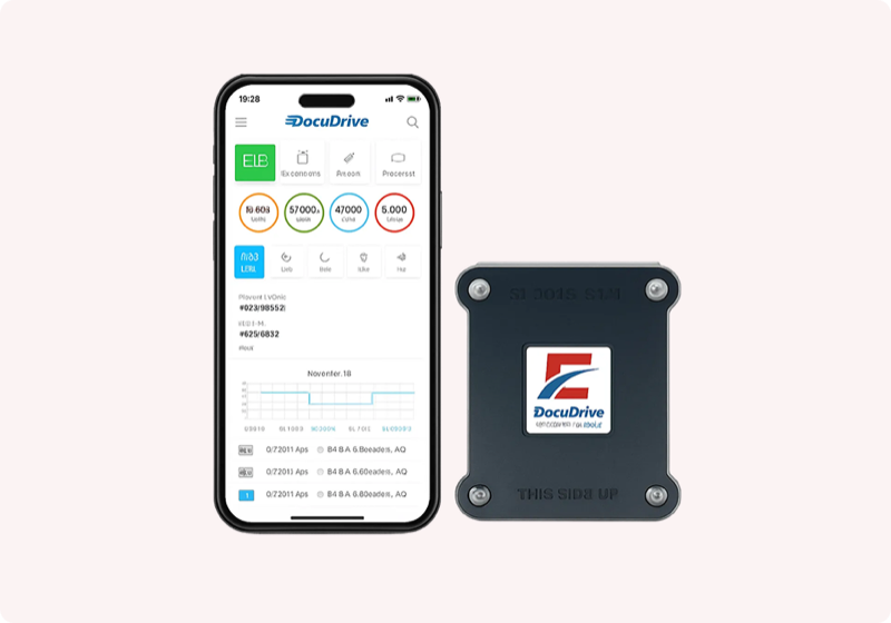 DocuDrive PT-40 ELD device beside the DocuDrive app showing hours-of-service data