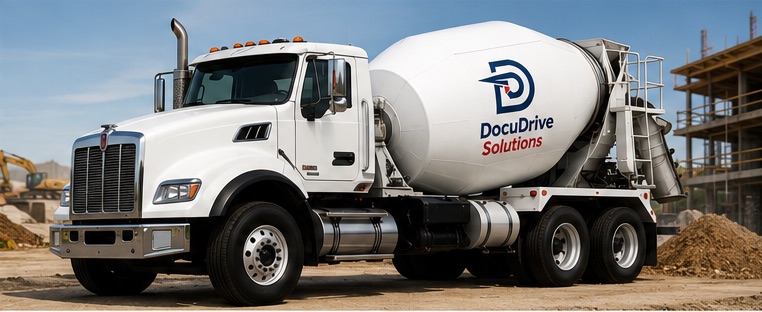 A DocuDrive-branded concrete mixer truck on an active construction site
