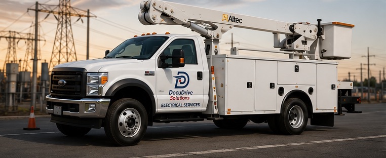 A DocuDrive-branded electrical services bucket truck with its aerial lift raised at a power substation