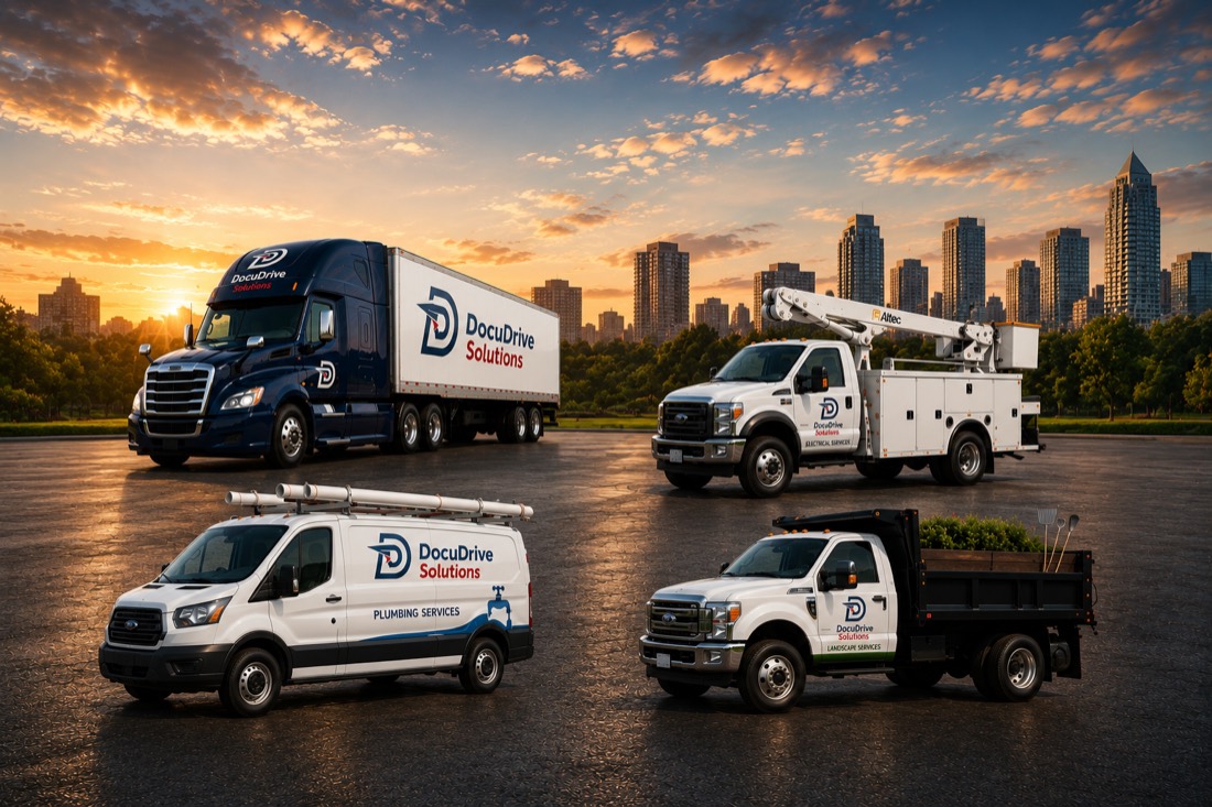 A DocuDrive-branded semi truck, plumbing van, electrical bucket truck and landscaping truck parked together at sunset, with a city skyline behind them