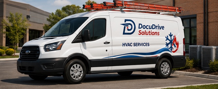 A DocuDrive-branded HVAC services van with a roof ladder, parked beside the air-conditioning units outside a commercial building
