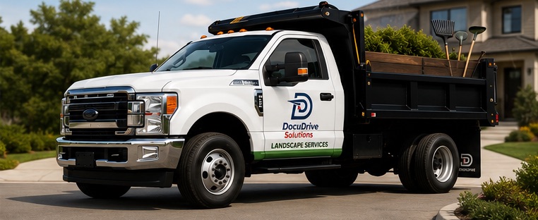 A DocuDrive-branded landscaping dump truck loaded with shrubs and hand tools in a residential driveway