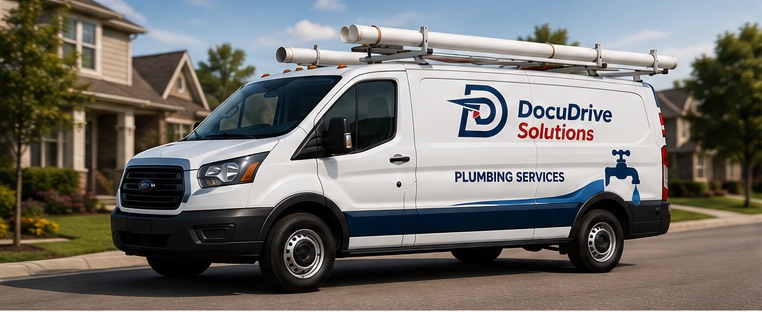 A DocuDrive-branded plumbing services van with a roof pipe rack parked on a suburban street