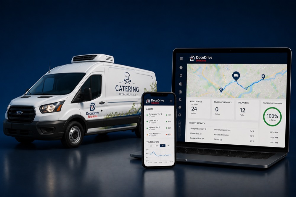The DocuDrive asset dashboard showing temperature alerts and asset status, beside a refrigerated DocuDrive van