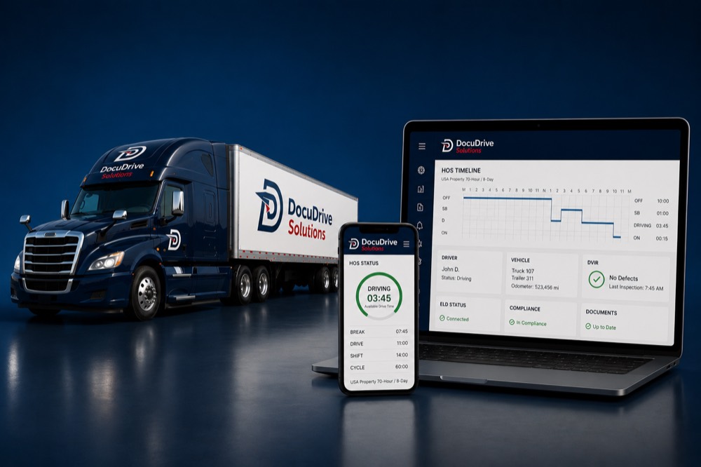 The DocuDrive ELD Hours of Service timeline and DVIR status on a laptop and phone, beside a DocuDrive semi truck