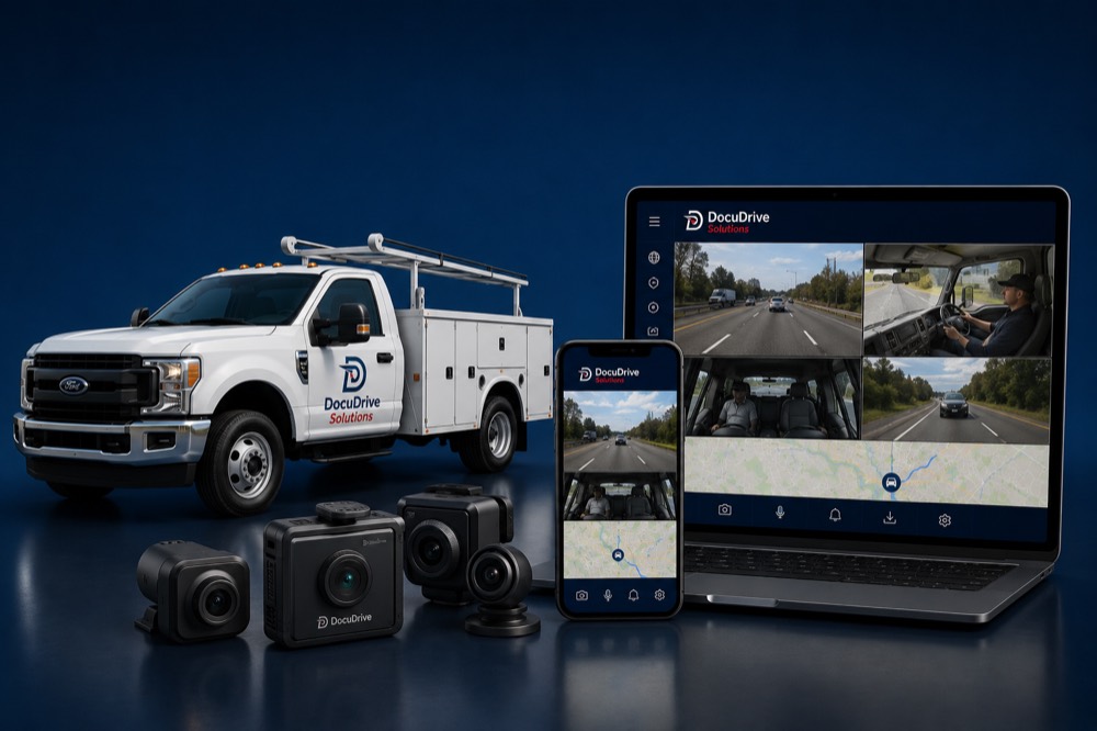 DocuDrive dash camera units beside a laptop and phone showing road, driver-facing and rear camera views