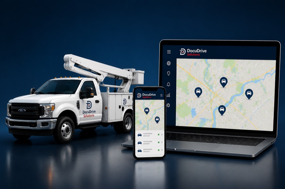 The DocuDrive live fleet map on a laptop and phone, beside a DocuDrive-branded service truck