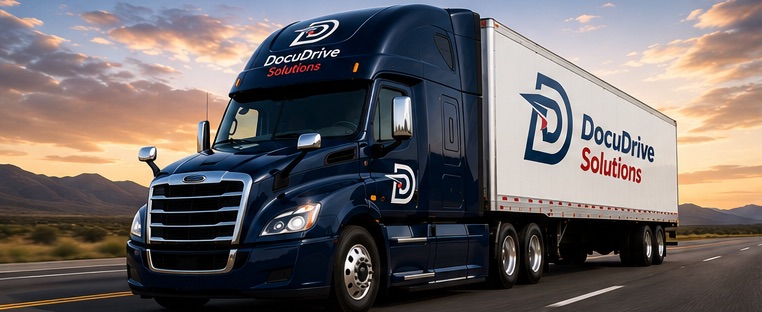 A DocuDrive-branded semi truck and trailer on a highway at sunset