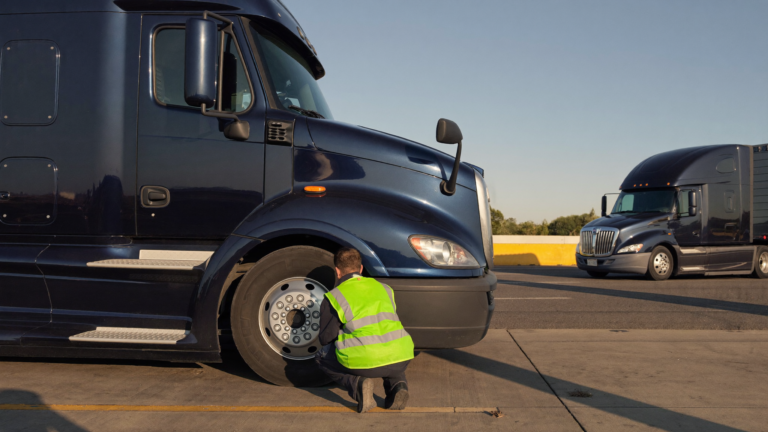 Commercial vehicle inspector crouched at the front wheel of a blue semi truck at a highway weigh station during Brake Safety Week