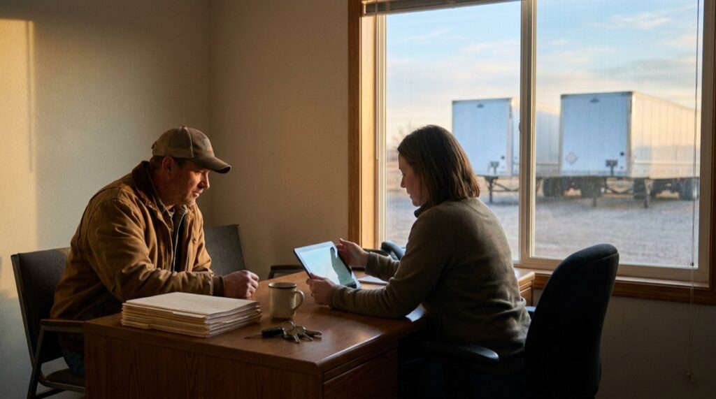 Driver and dispatcher reviewing onboarding documents on a tablet in a small trucking office at dawn, trailers visible through the window