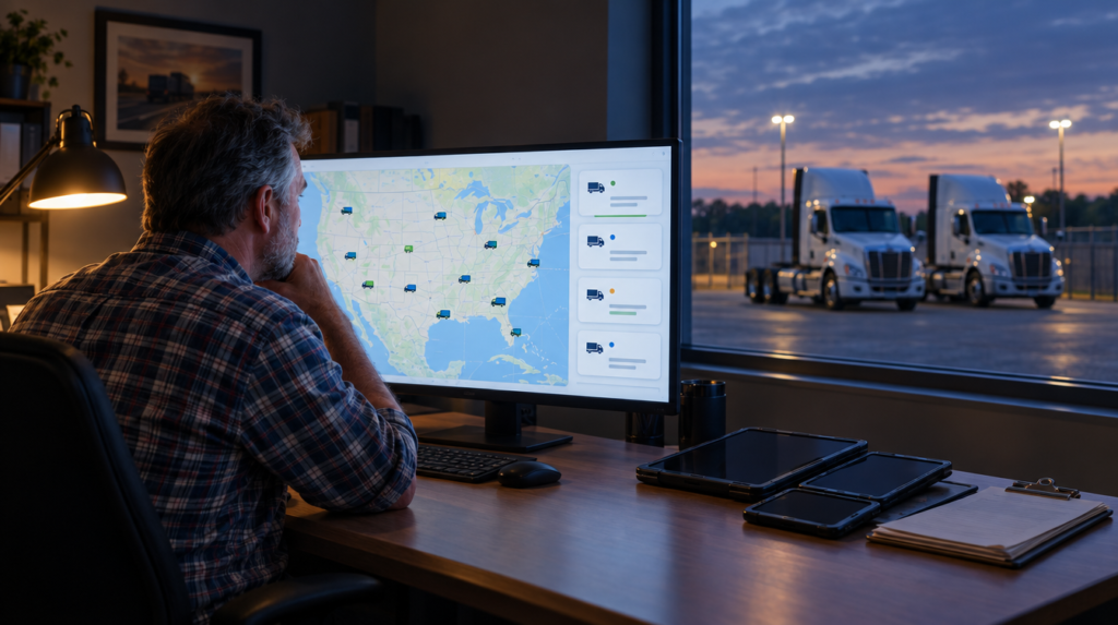 Fleet owner at a desk reviewing a single fleet tracking dashboard with older tablets pushed aside