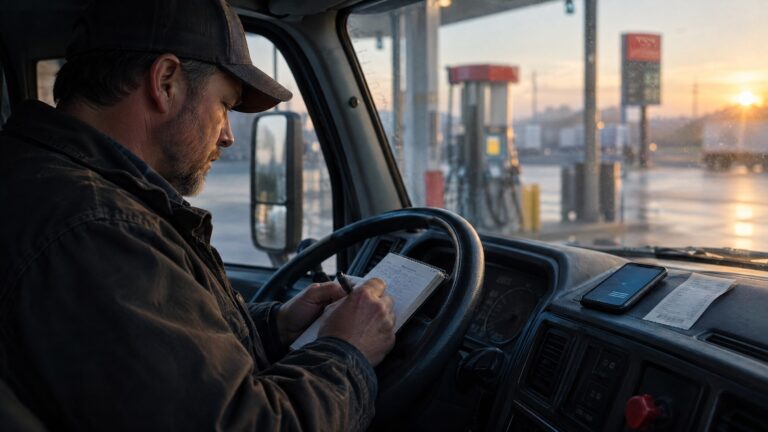 Owner-operator in a parked semi truck cab at a fuel island at sunrise, working figures in a notebook with a fuel receipt on the dash