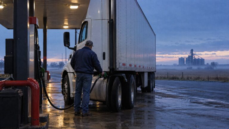 A driver fueling a semi truck at a truck stop diesel island at dawn, with farmland and a grain elevator in the distance