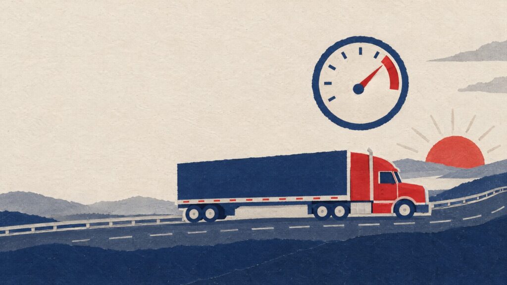 Illustration of a semi truck on a highway at sunrise with a gauge showing high readings